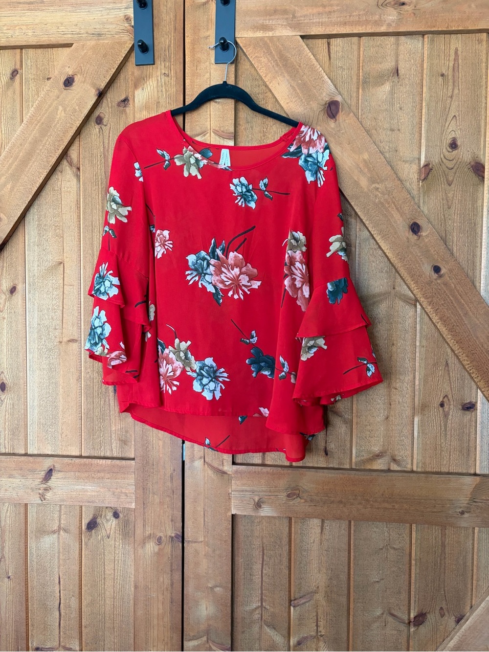 Live 4 Truth Red Floral Ruffle Sleeve Blouse
